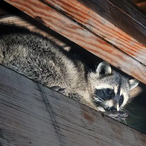 Raccoon in the rafters of an attic - keep pests away from your home with Exconex Pest Management in CA